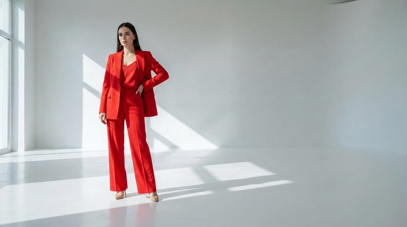 Woman in a scarlet red suit standing in a white studio, made with Nano Banana Pro
