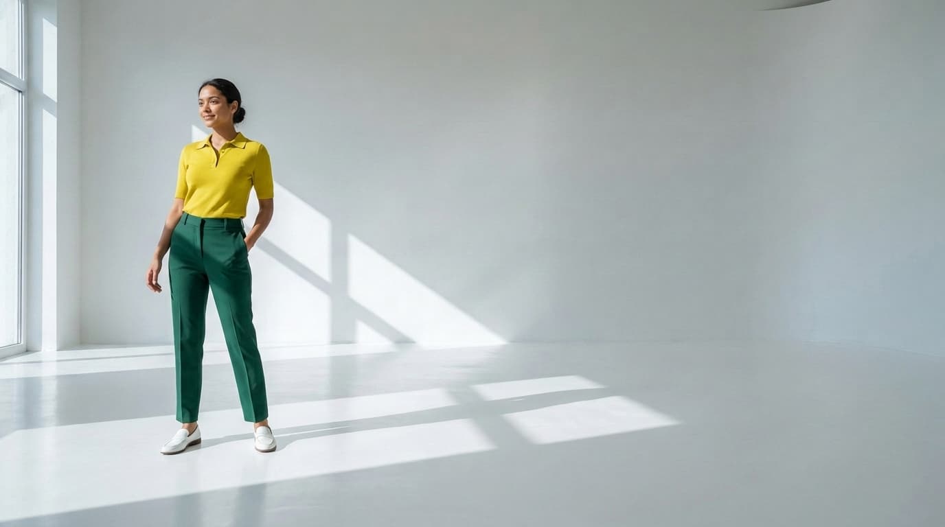Woman in a chartreuse polo and bottle-green trousers standing in a white studio, made with Nano Banana Pro