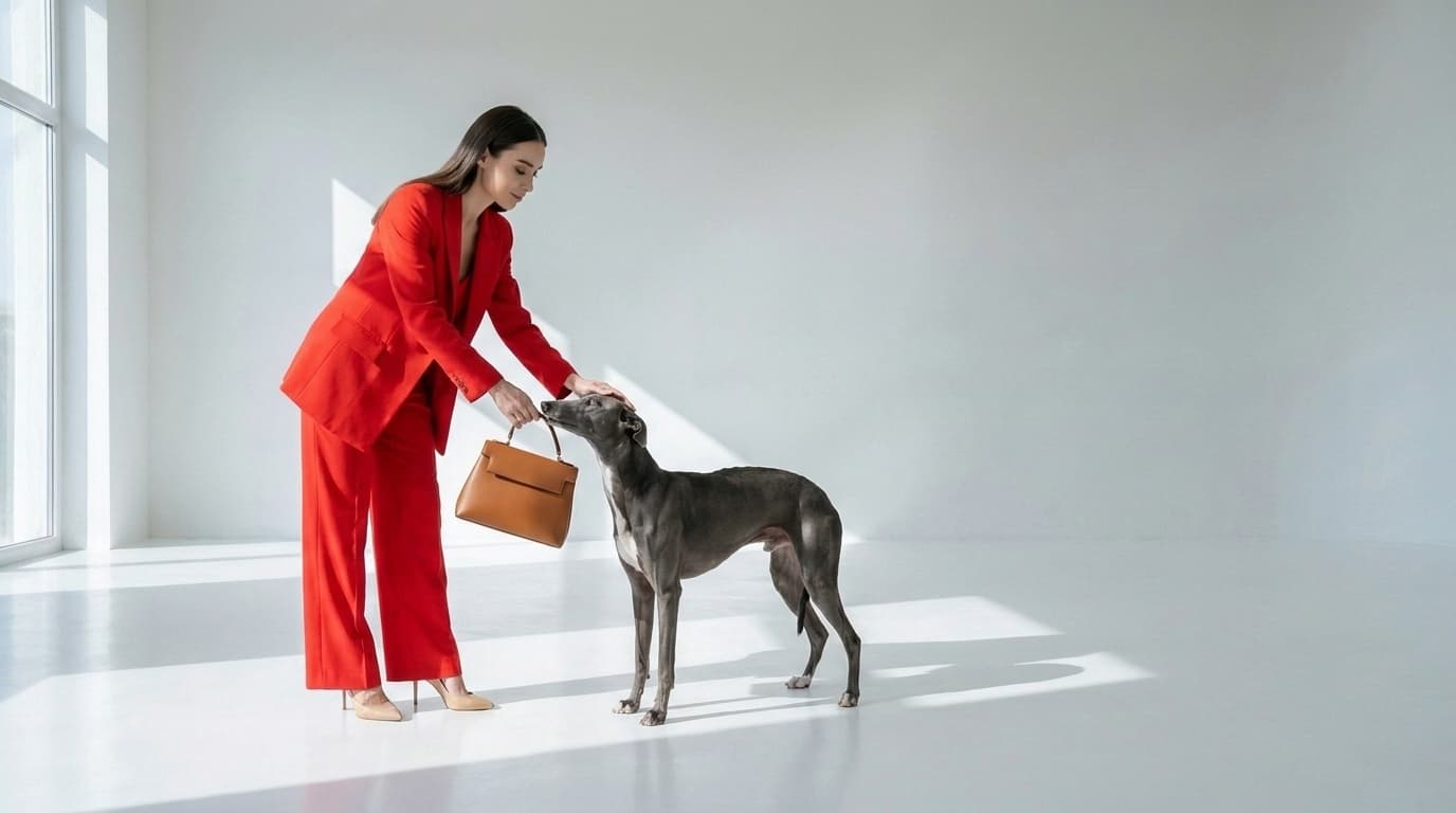 Grey greyhound holding a cognac handbag in its mouth for a woman in a red suit, made with Nano Banana Pro