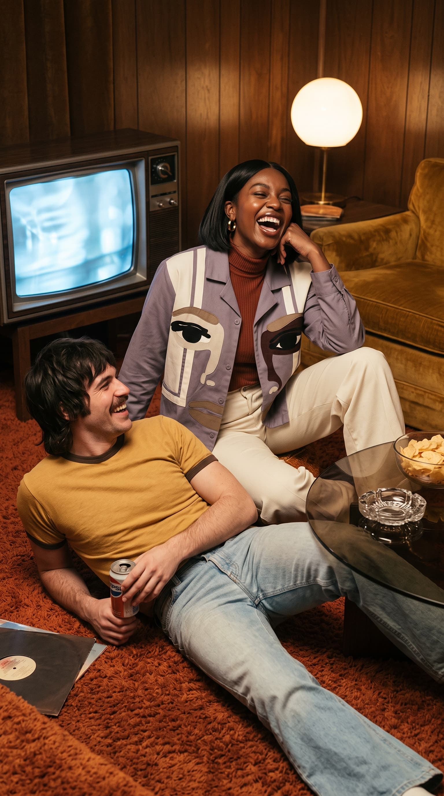 Two friends laughing on a shag rug beside an old TV, one wearing the lavender face jacket, made with gemini
