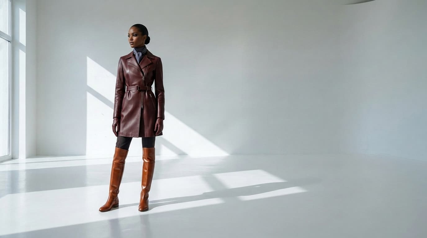Woman in an oxblood leather coat and cognac riding boots posing in a white studio, made with Nano Banana Pro