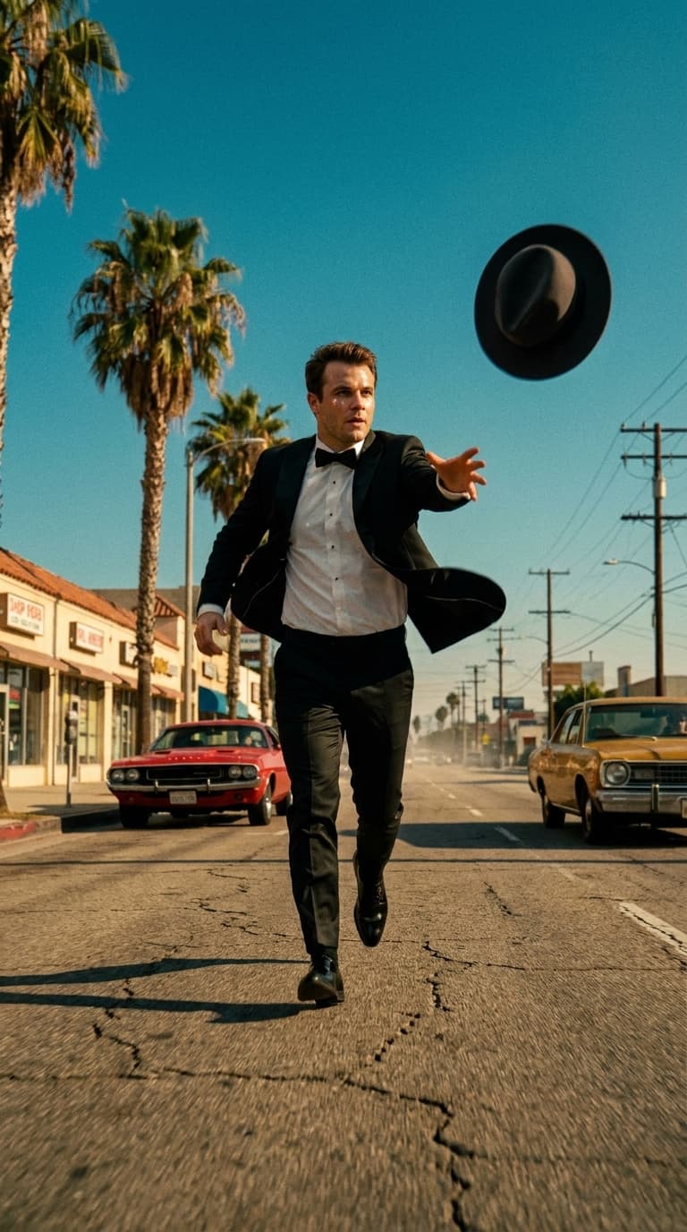 Man in a tuxedo chasing a felt hat down a sunny 70s palm-lined boulevard, made with Nano Banana Pro