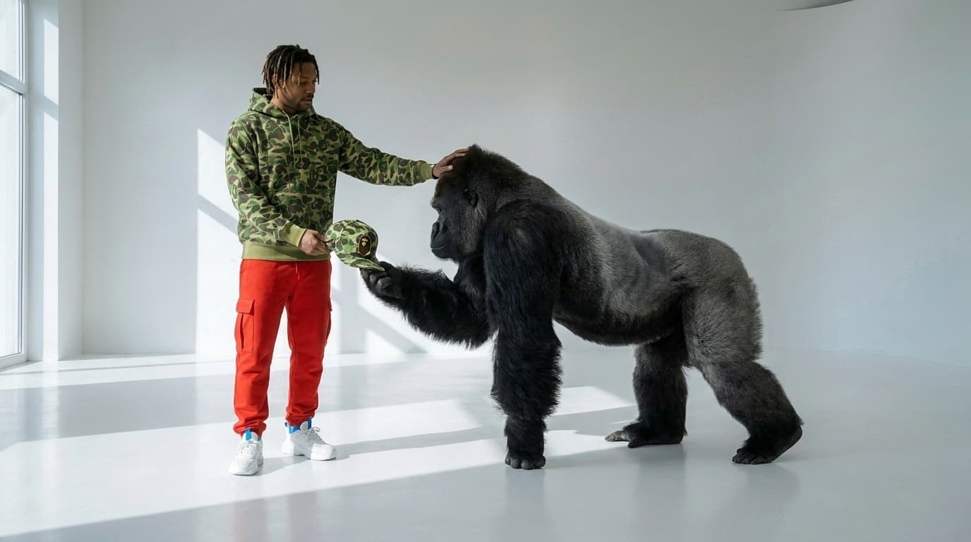Silverback gorilla mid-stride holding out a green camo cap to a man in camo and red, made with Nano Banana Pro