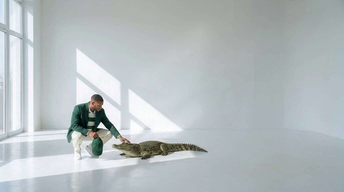 Man crouching with a green cap on his knee, petting a crocodile in a wide white studio, made with Nano Banana Pro