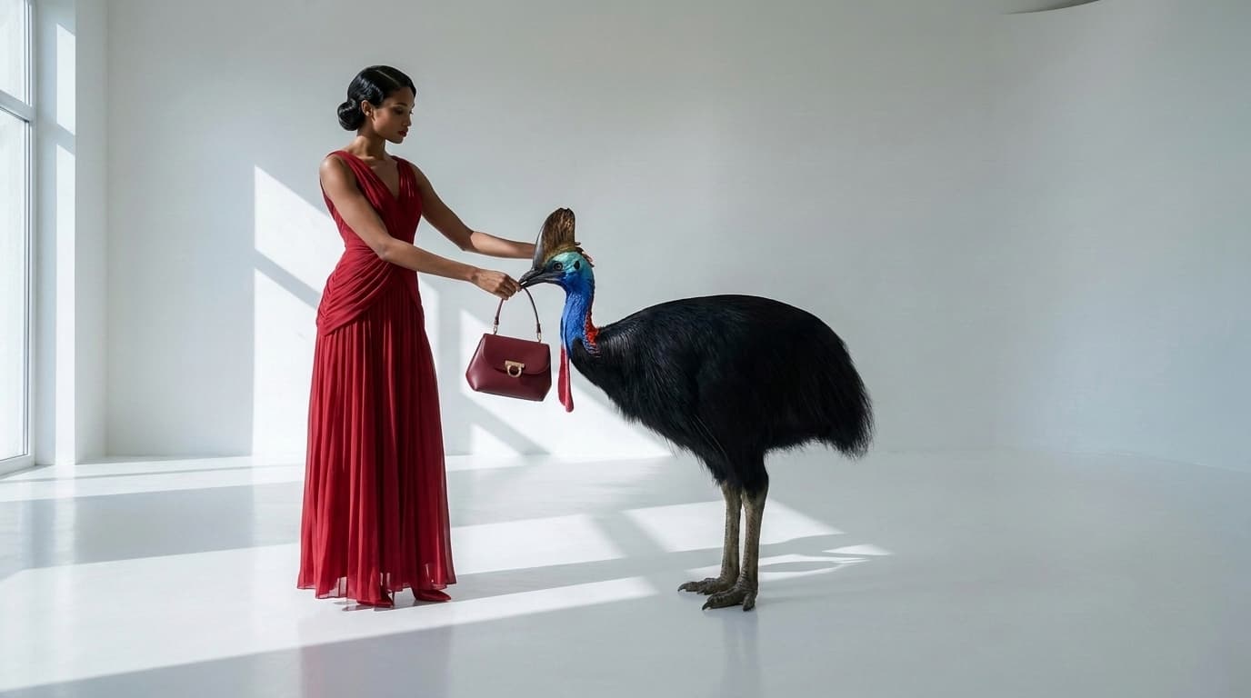 Cassowary with a blue neck handing a red handbag to a woman in a red gown, made with Nano Banana Pro