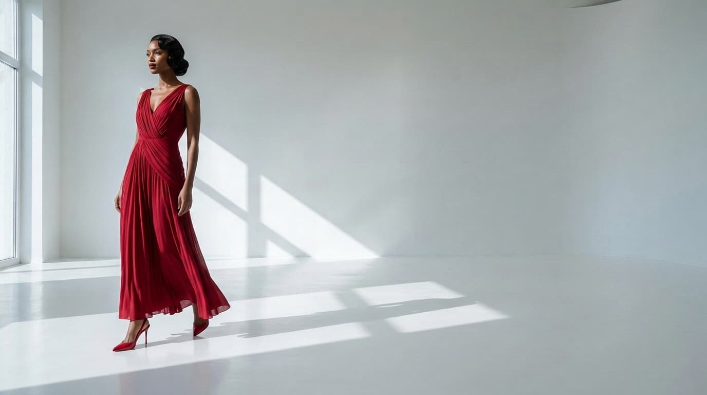 Woman in a long red pleated gown standing on the left of a white studio, made with Nano Banana Pro