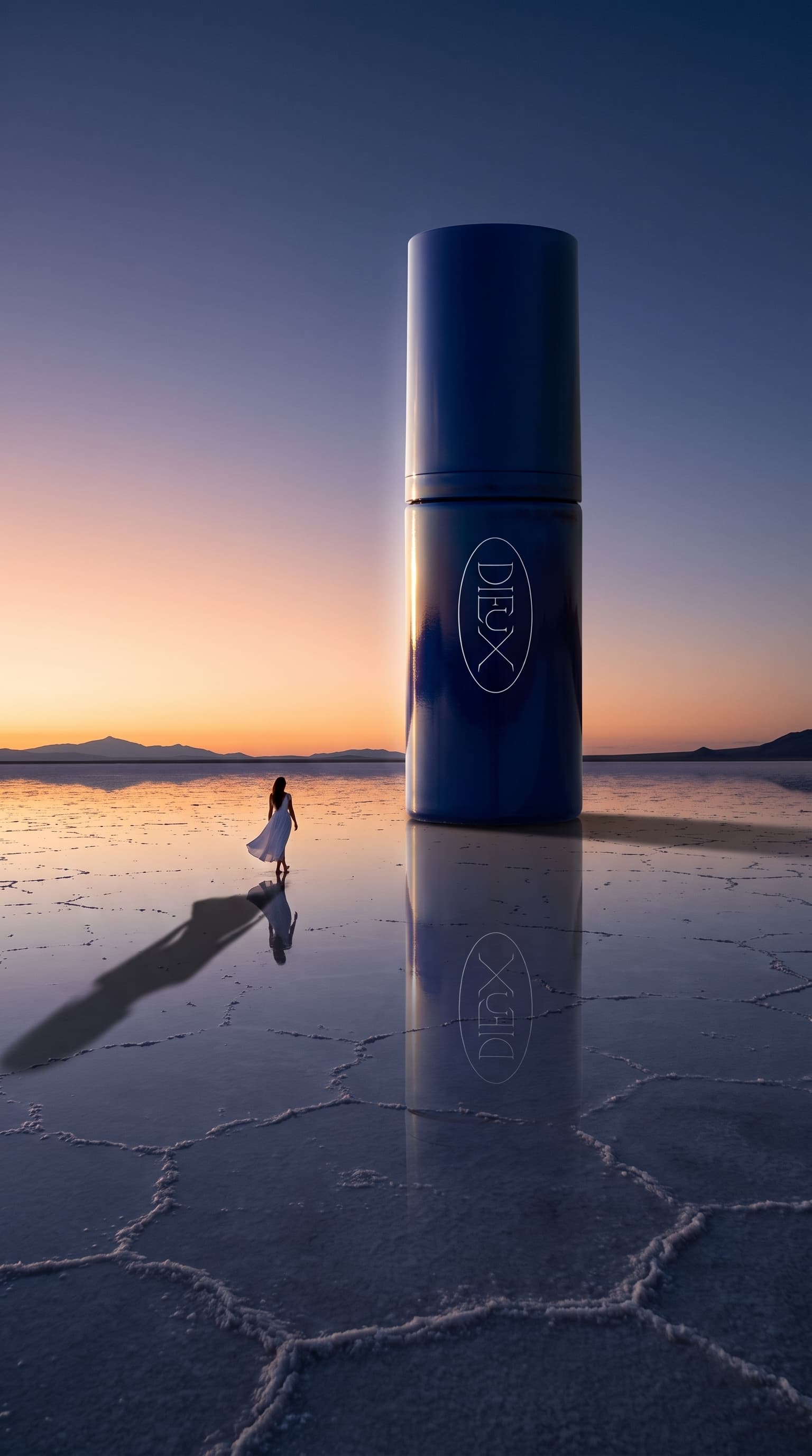Giant navy serum bottle standing on a wet salt flat at dusk with a tiny woman in white walking toward it, made with Nano Banana Pro