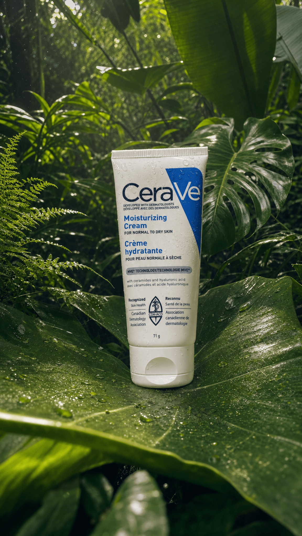 The same white moisturizer tube resting on a large jungle leaf with dappled light and water droplets, made with GPT Image 2