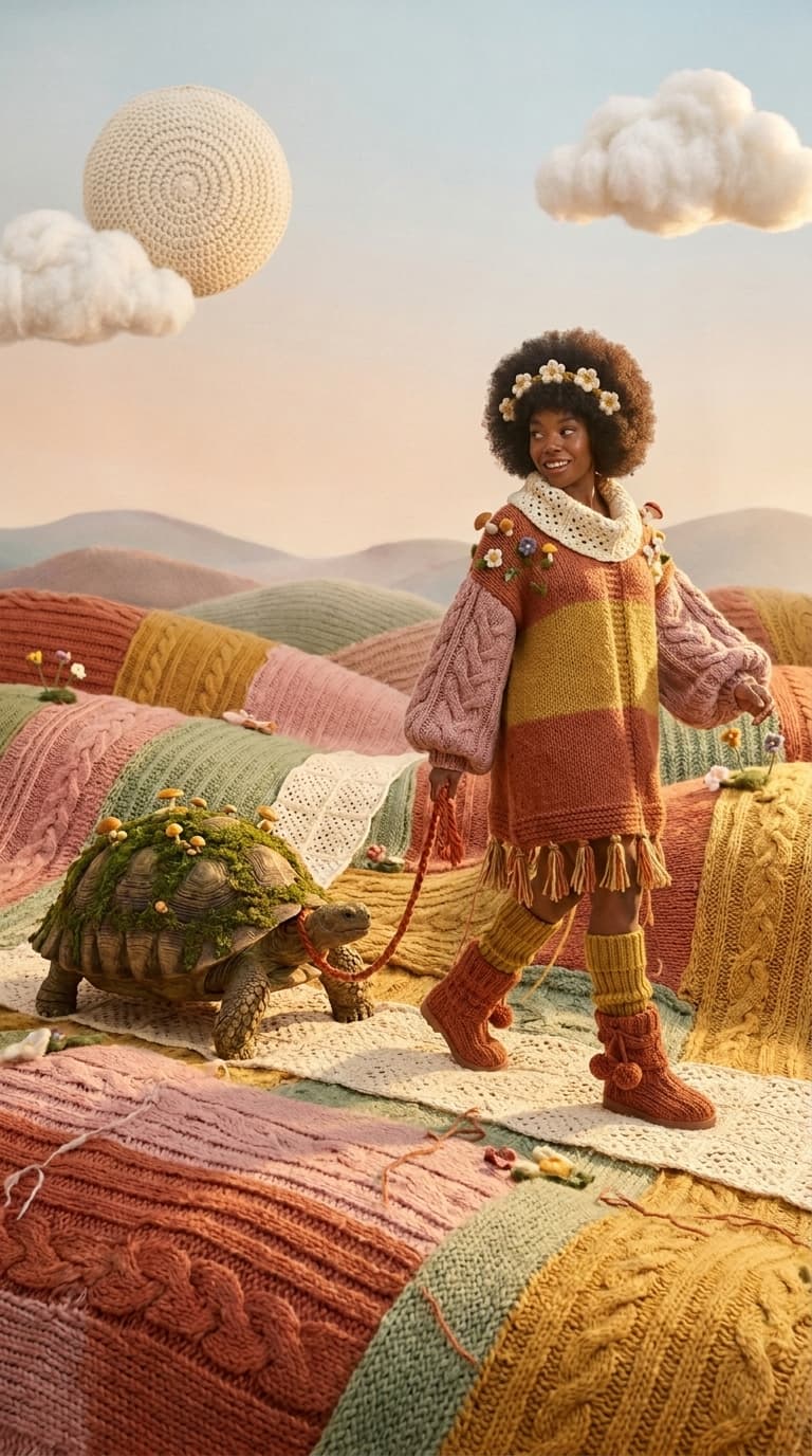 Same scene, the woman now in a chunky striped knit sweater dress, made with Nano Banana Pro