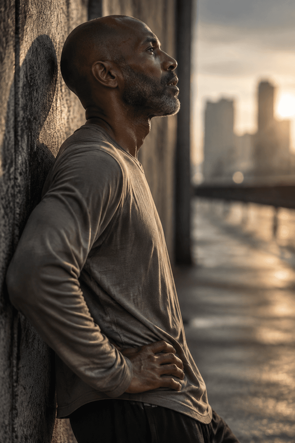 Lean bald man in a taupe long sleeve leaning on a concrete wall at golden hour, city skyline behind, made with GPT Image 2.5 Sunburst