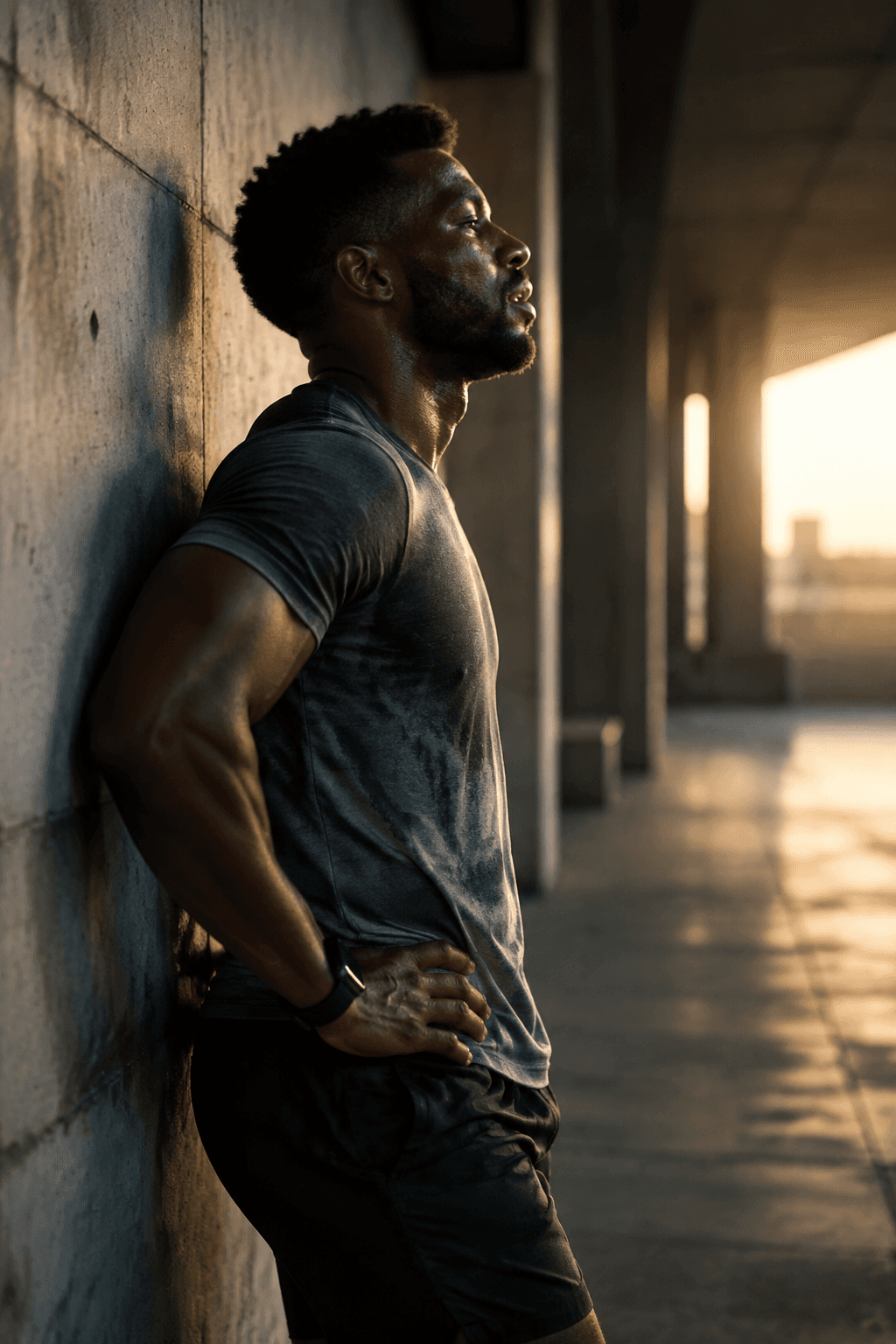 Muscular man leaning on a concrete wall at golden hour with a hand on his hip, made with GPT Image 2.5 Sunburst