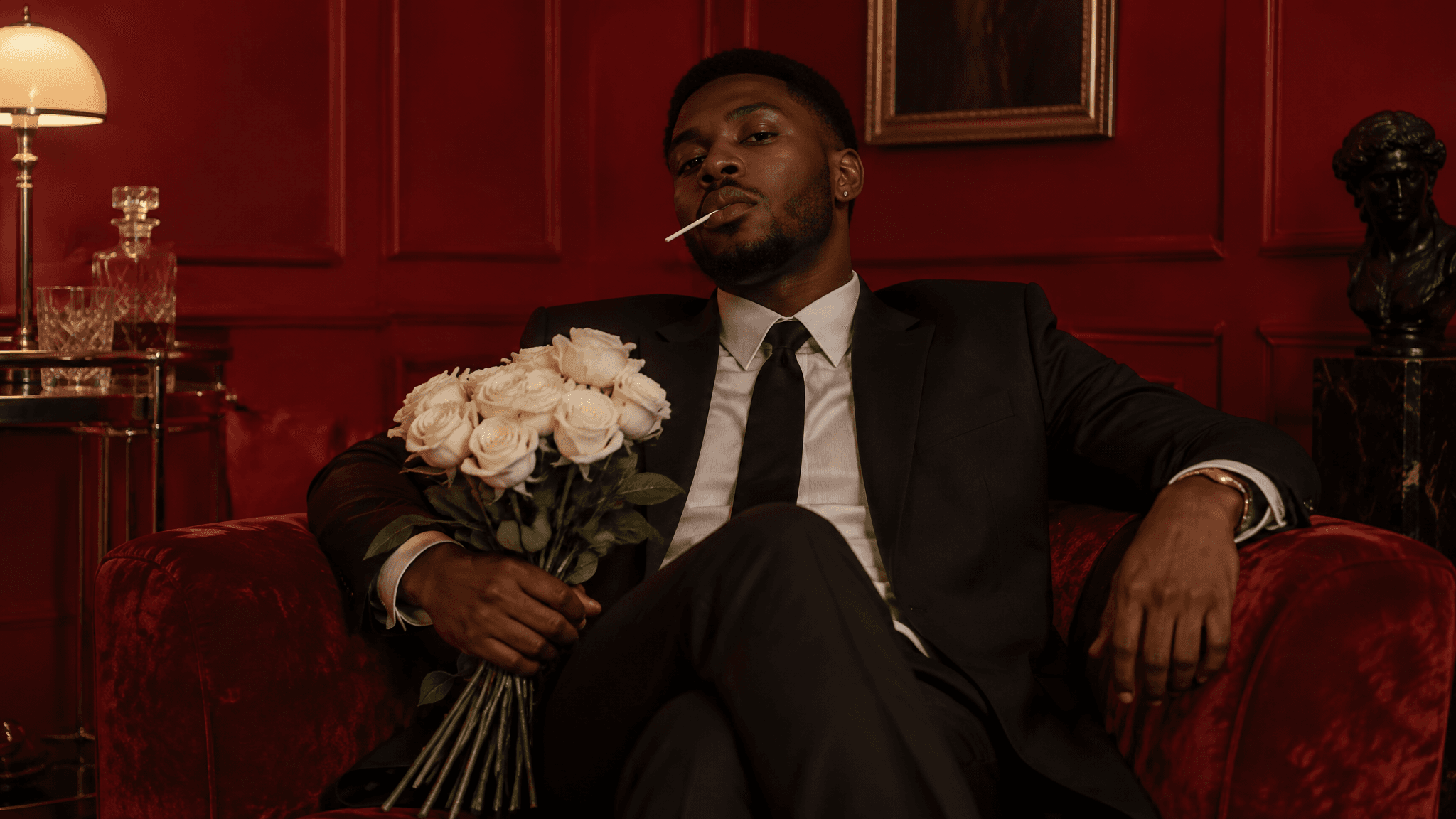 Man in a suit on a red velvet armchair with white roses, lamp, decanter and bust around him, made with GPT Image 2.5 Sunburst