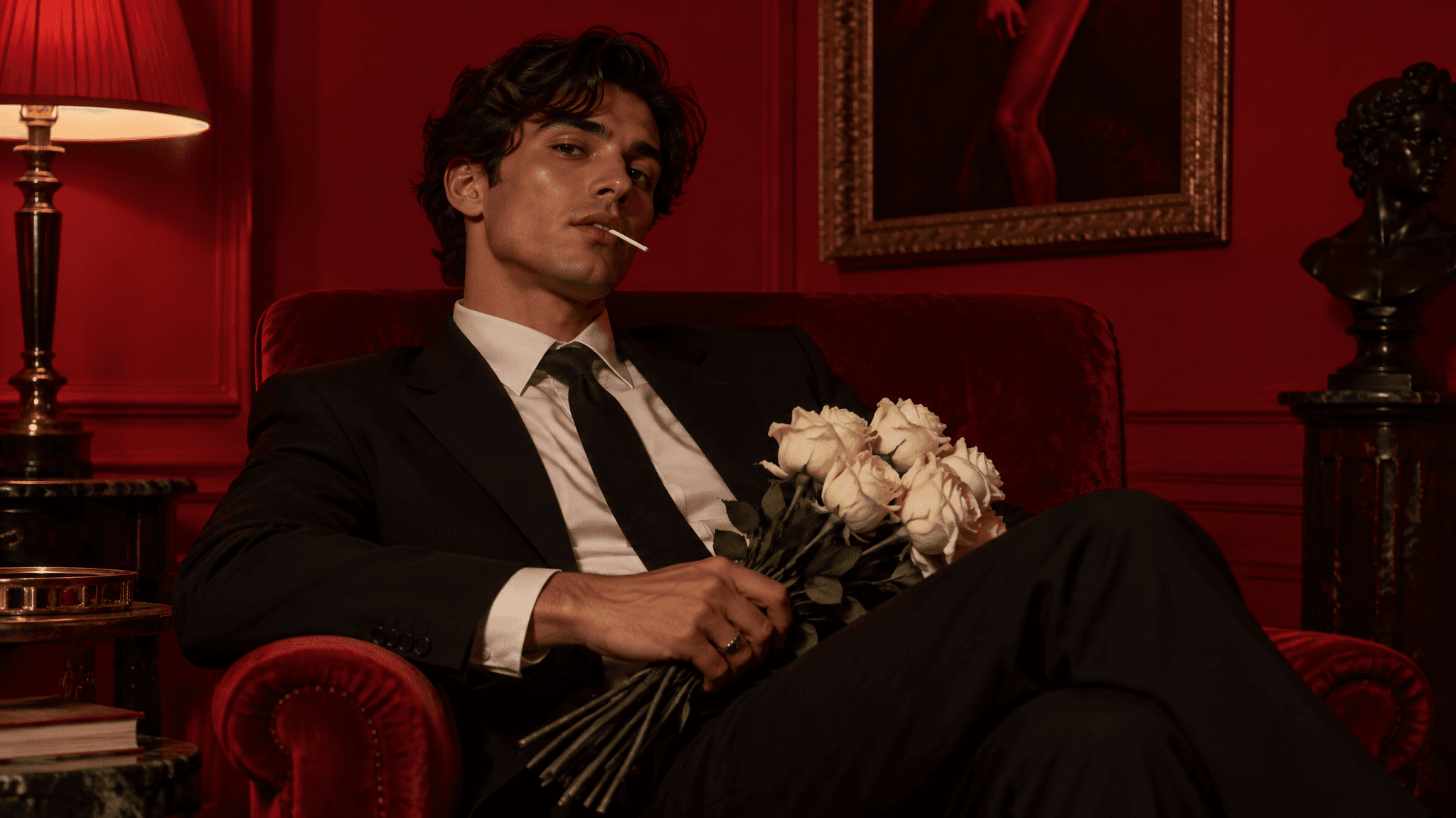 Dark-haired man in a suit on a red velvet armchair with roses, lamp, painting and bust behind him, made with GPT Image 2.5 Sunburst