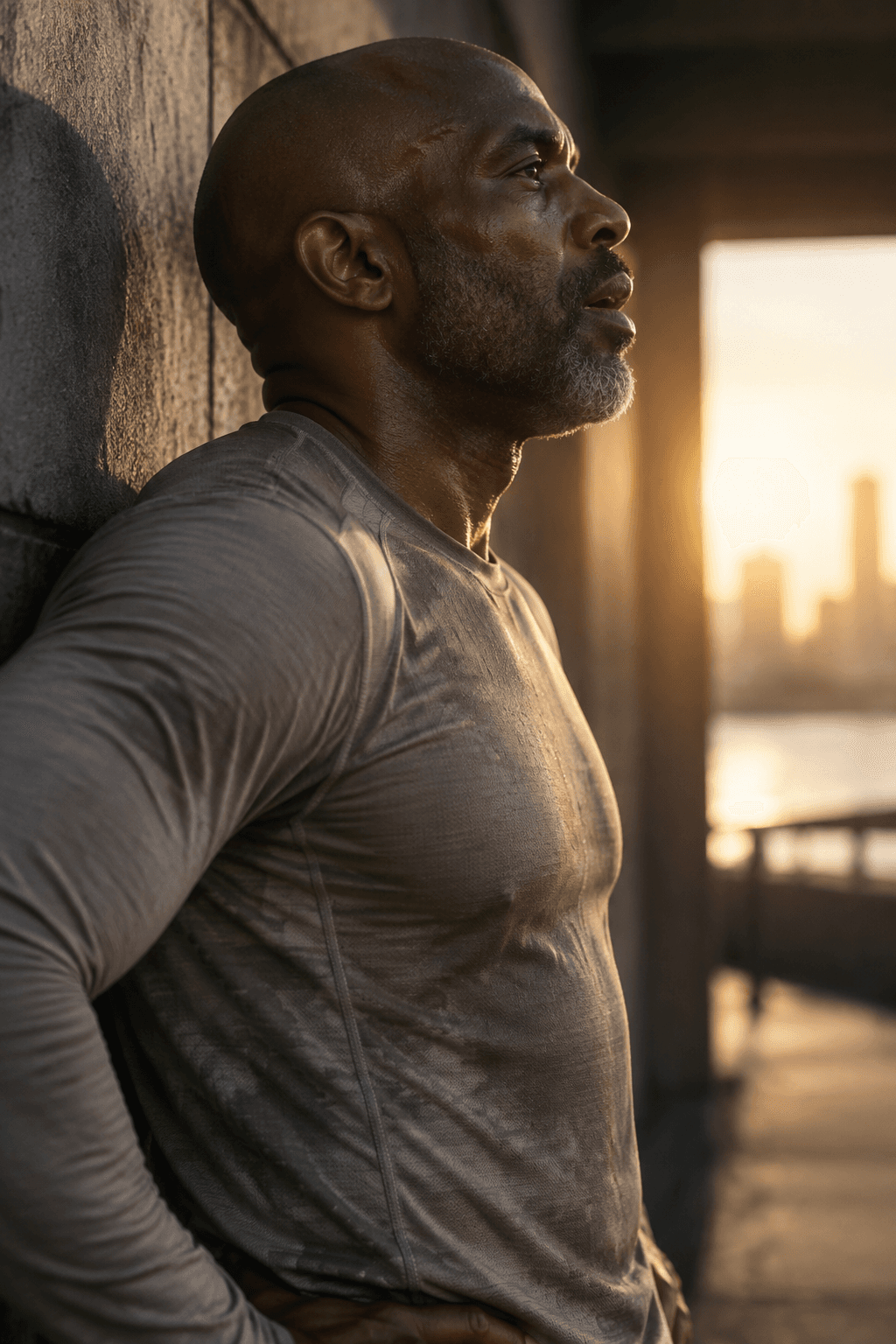 Bald man with a grey beard and a big muscular build leaning on a wall at sunset, made with GPT Image 2.5 Sunburst