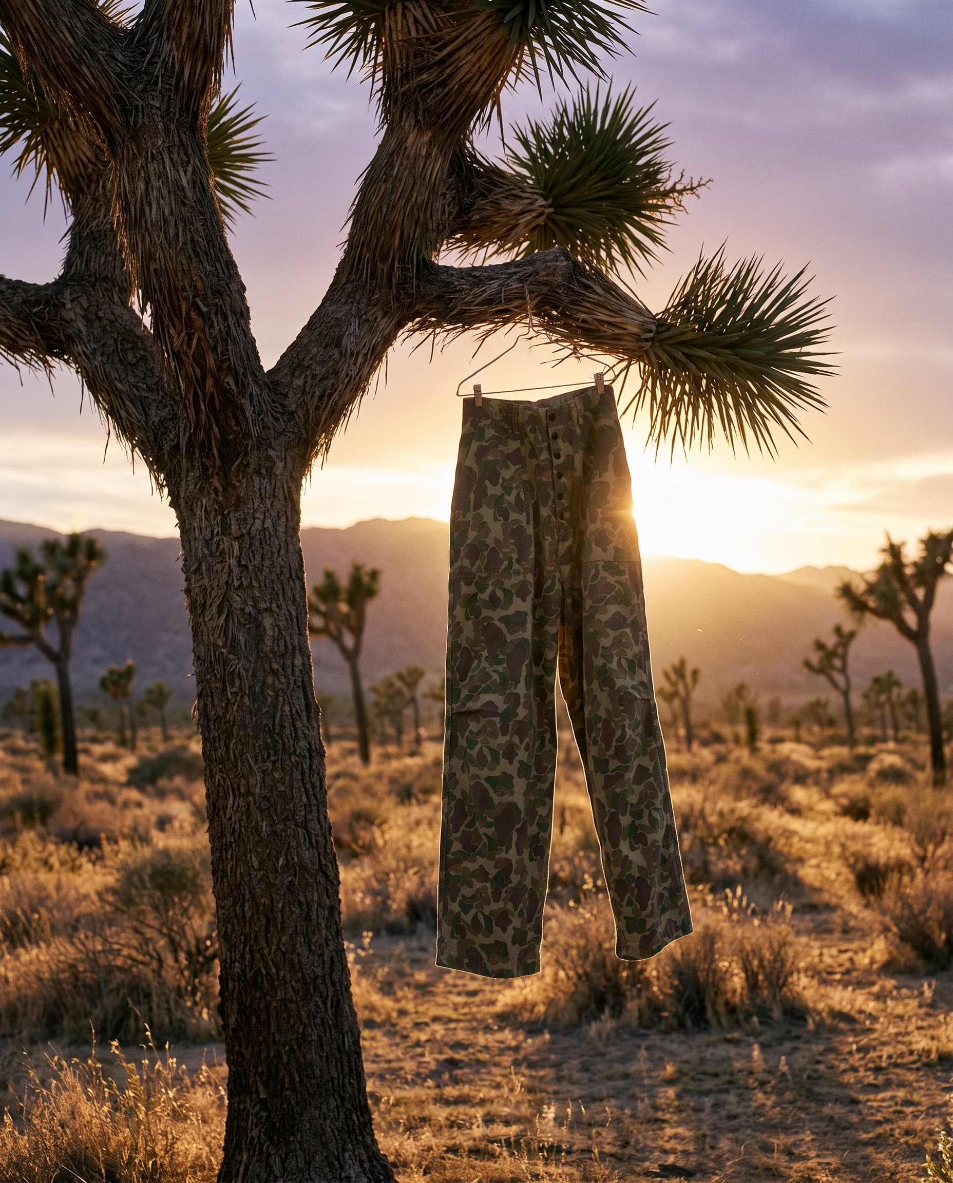Camo pants hanging from a Joshua tree branch, backlit by the setting sun, made with Nano Banana Pro