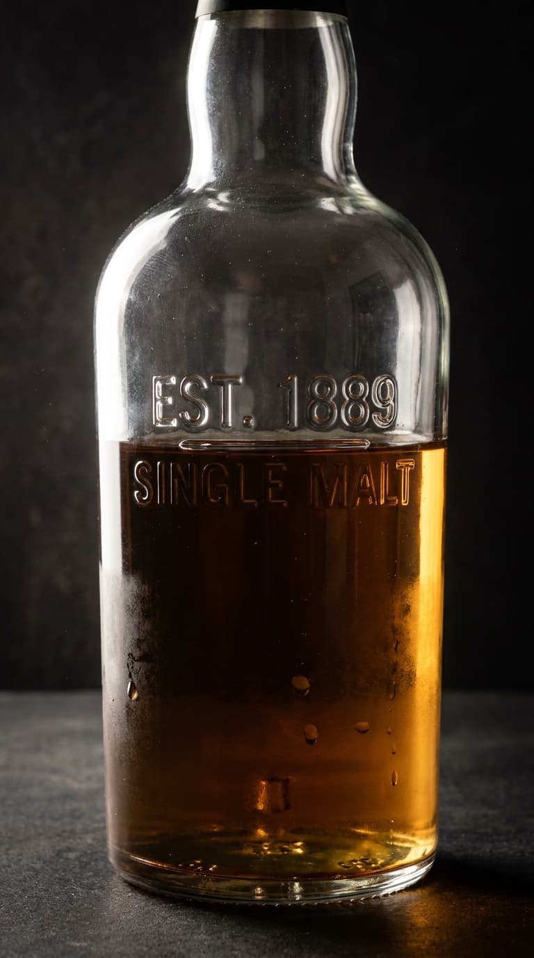 A whiskey bottle with amber liquid, condensation haze and dust in a moody backlight, made with Nano Banana Pro