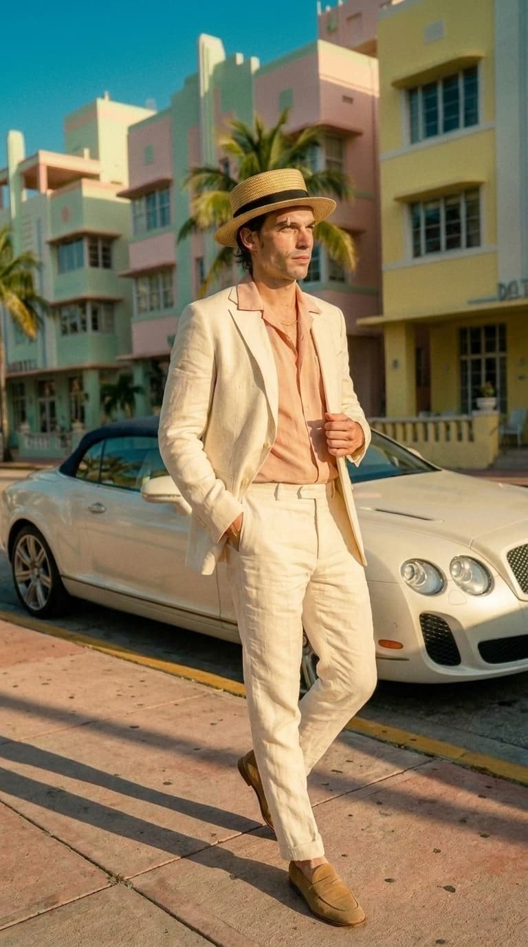 Man in an ivory linen suit and straw boater posing on a clean present-day Miami Beach sidewalk, made with Nano Banana Pro
