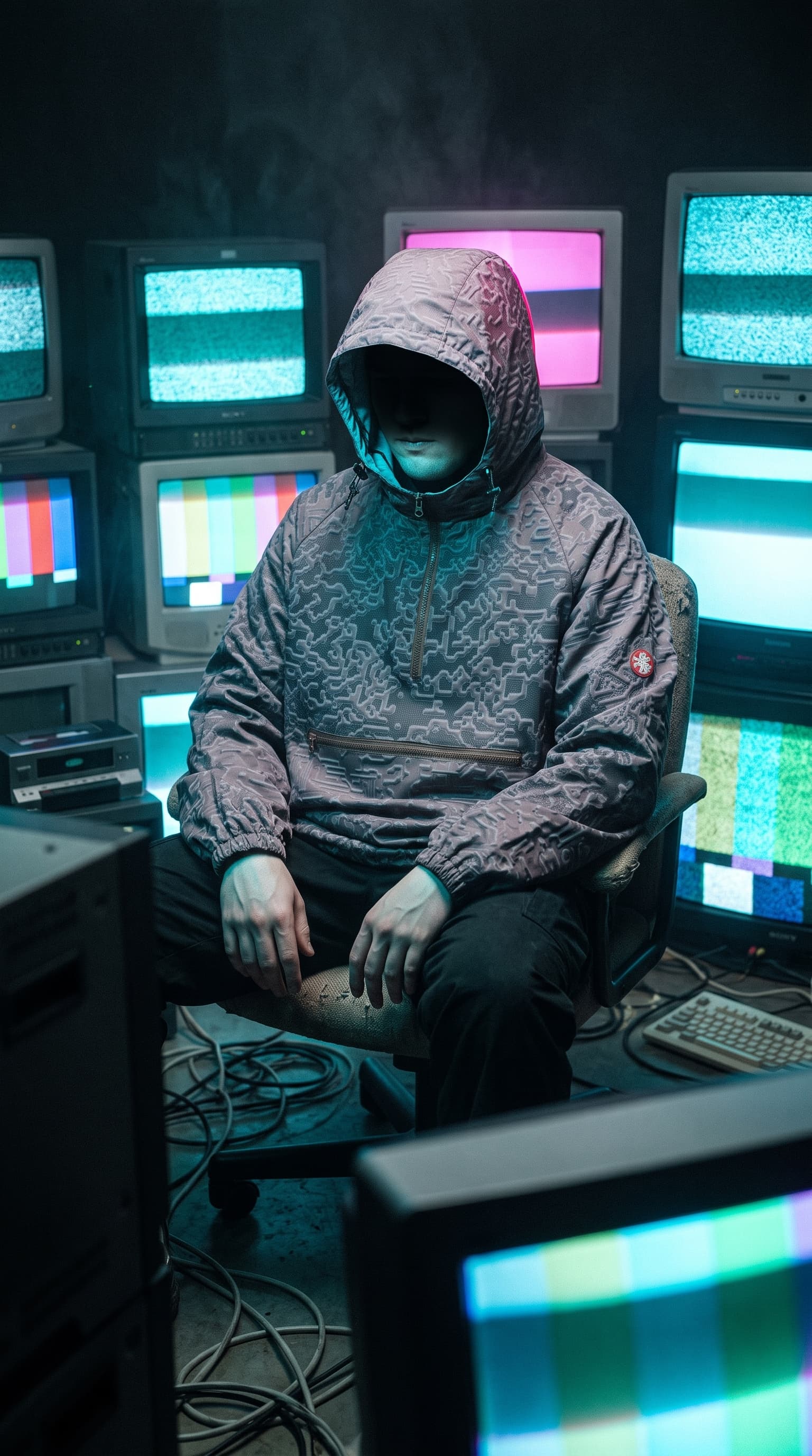Hooded figure in a circuit-pattern anorak seated among glowing CRT TVs, made with gemini