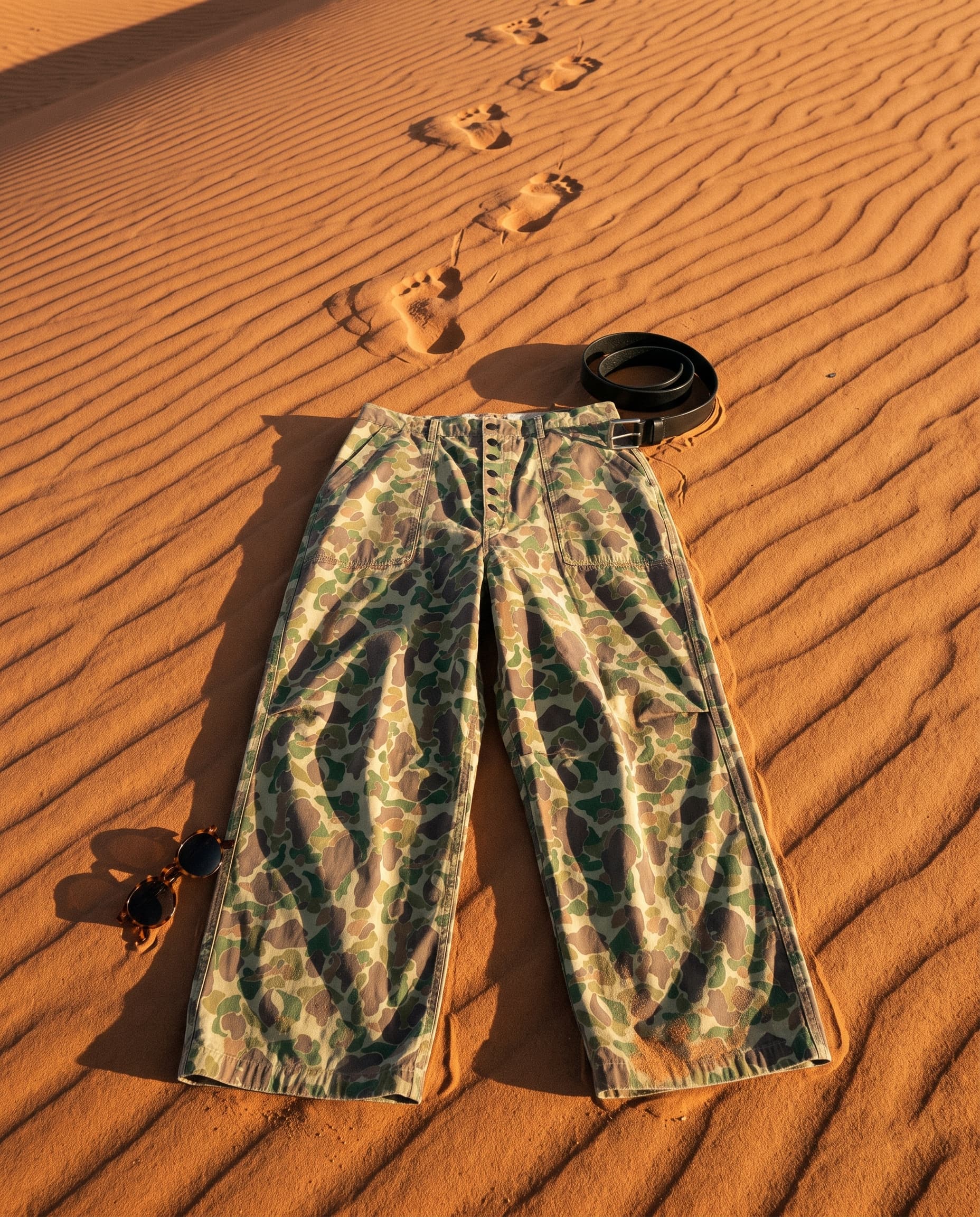 Overhead flat lay of camo pants on rippled orange sand with a belt, sunglasses and footprints, made with Nano Banana Pro