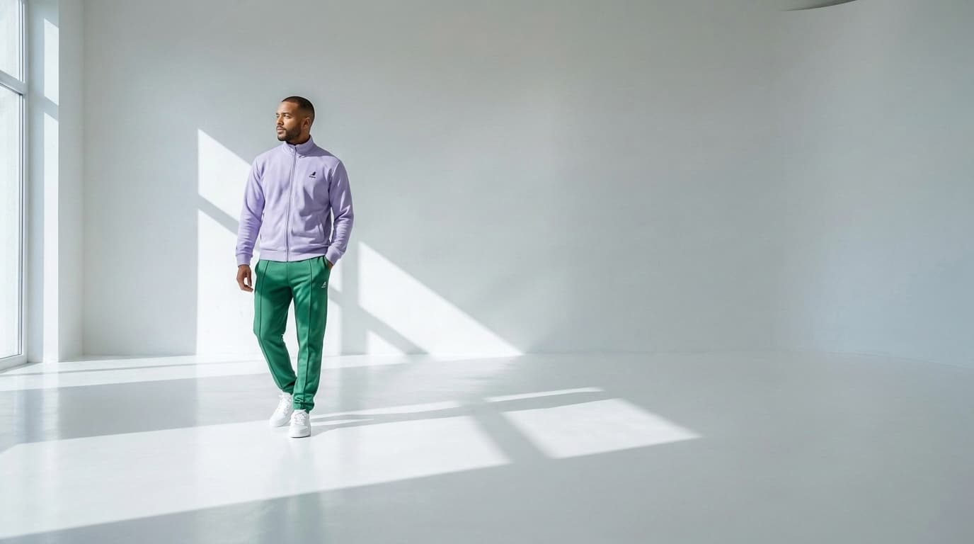 Man in a lavender track top and green track pants standing in a white studio, made with Nano Banana Pro