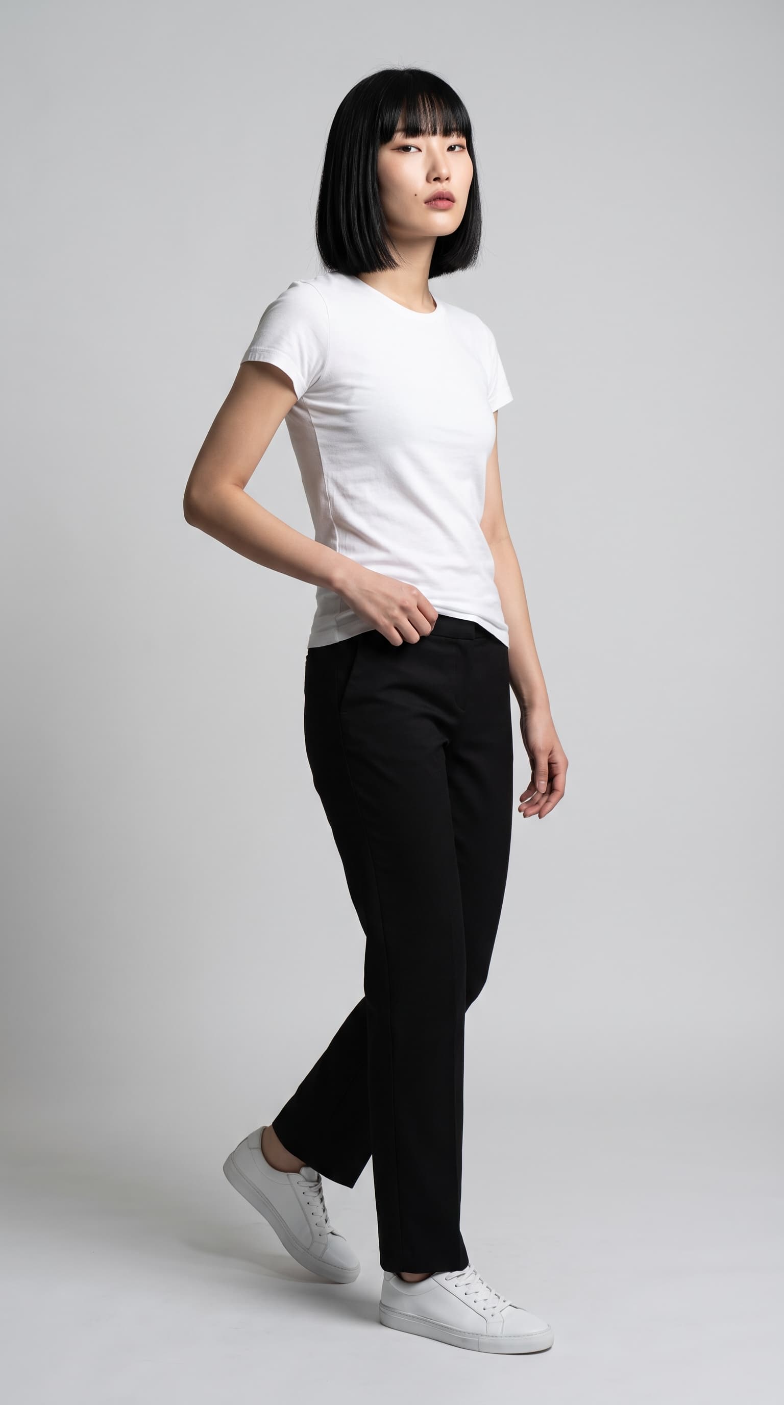 Korean model with a sharp blunt bob, heavy fringe and a beauty mark under her eye, made with Nano Banana Pro