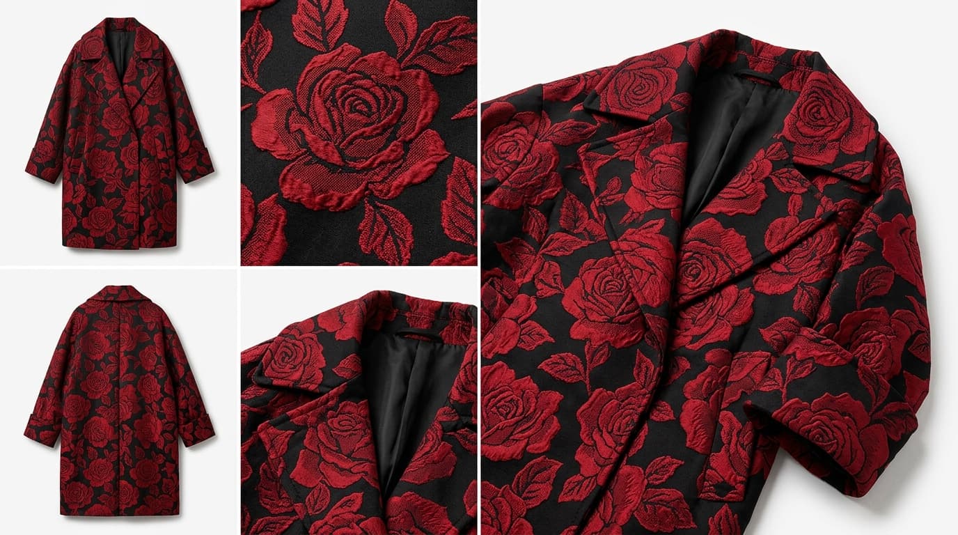 Product sheet of a red and black rose brocade coat with front, back and detail views, made with Nano Banana 2.1