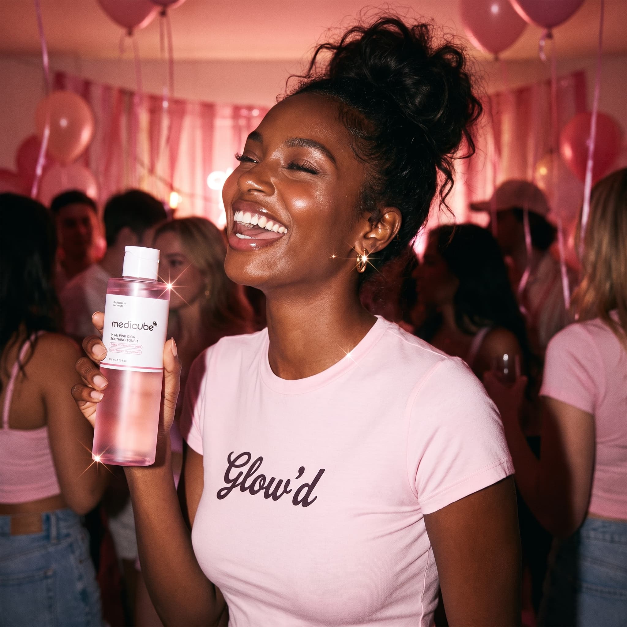 Laughing woman in a pink baby tee holding a pink toner bottle at a pink-lit party, made with Nano Banana Pro