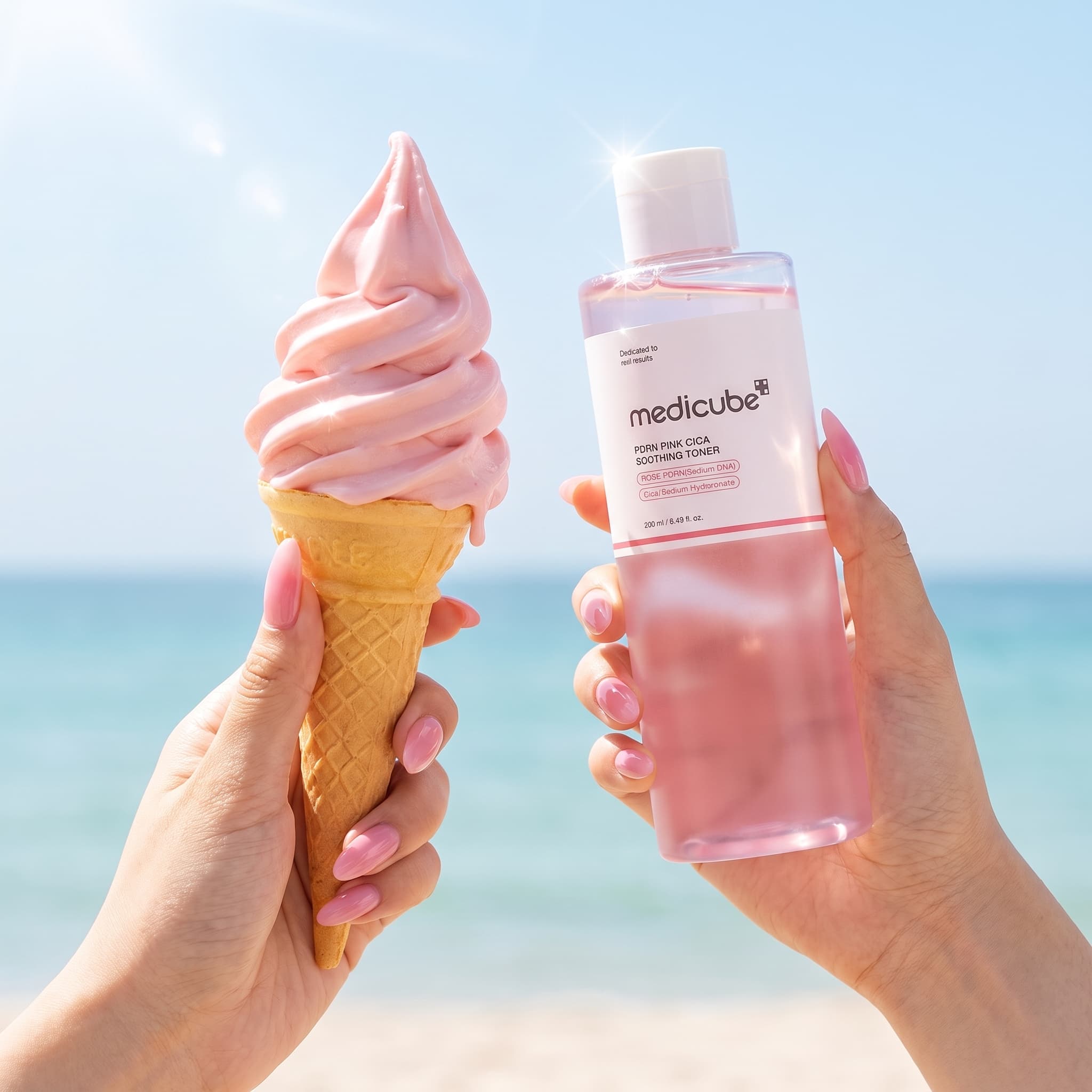 Hands holding a pink soft-serve cone and a pink toner bottle against a blue sea, made with Nano Banana Pro