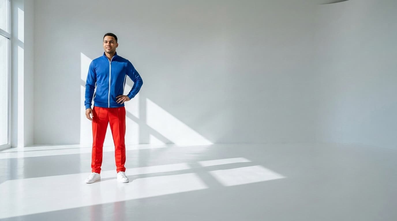 Man in a blue track jacket and red track pants standing in a white studio, made with Nano Banana Pro
