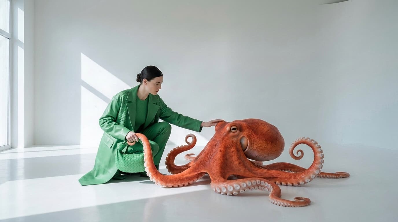 First pass: an orange octopus beside a crouching woman in green, with a green bag, made with Nano Banana Pro