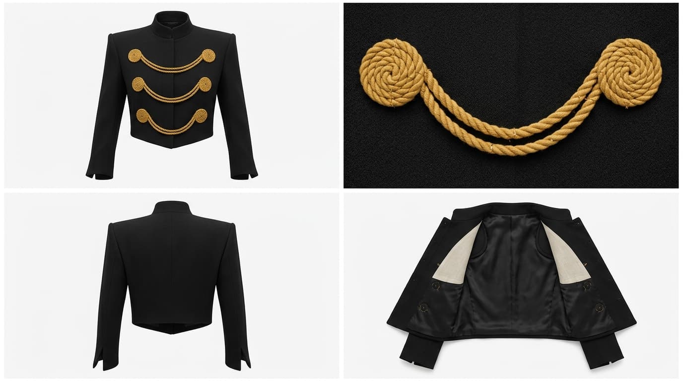 Four-panel product sheet of a black jacket with gold cord swags, made with Nano Banana 2.1