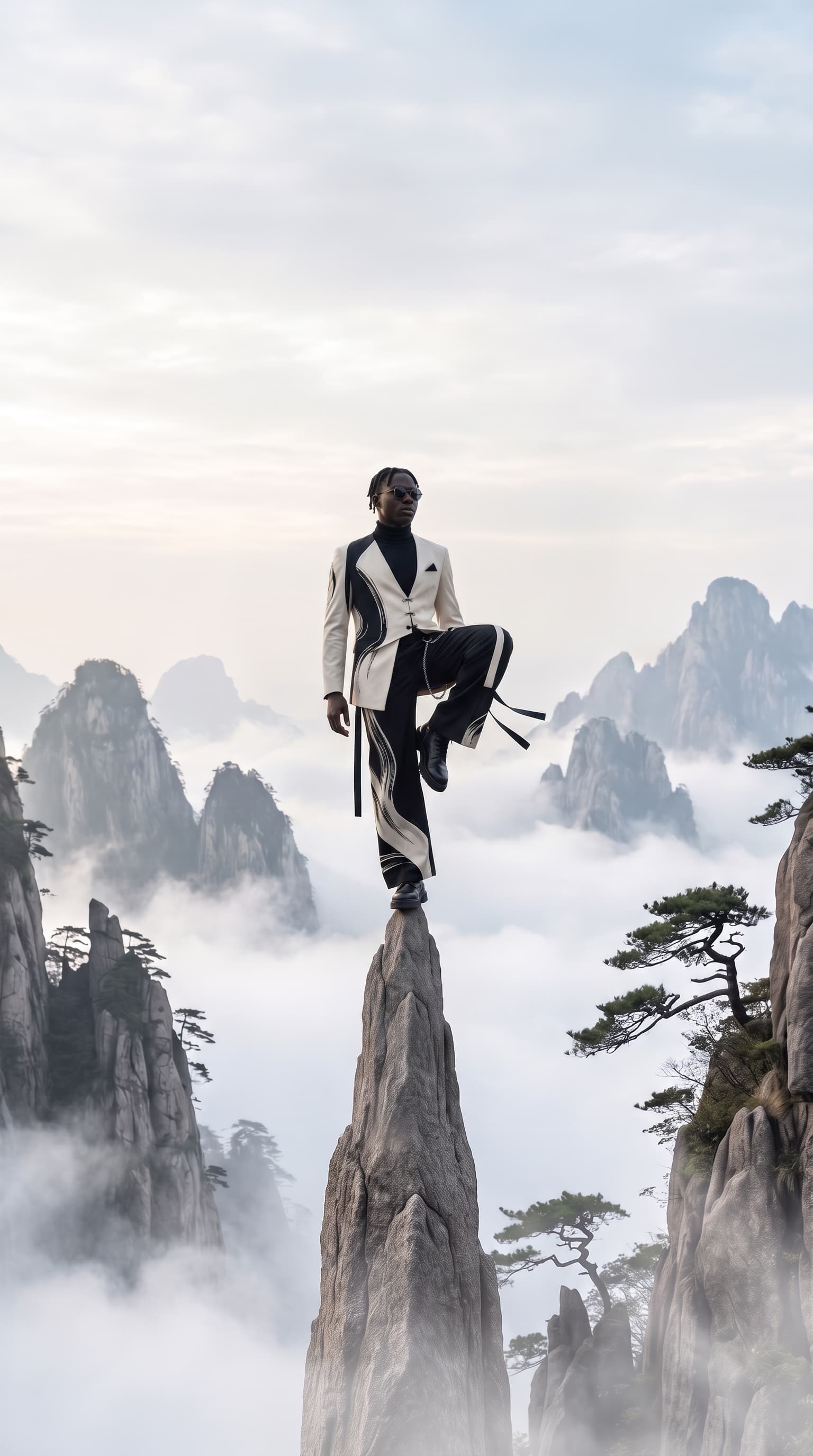Man in a crane stance on the sharp tip of a tall stone needle above misty peaks, made with Nano Banana Pro