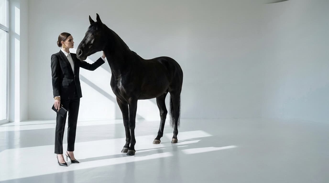 Woman in a black tuxedo holding a black clutch and stroking the neck of a black stallion, made with Nano Banana Pro