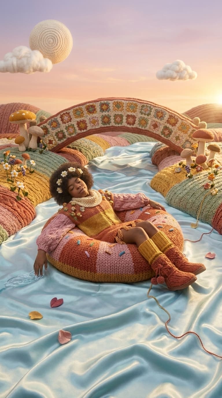 Woman lounging on a knitted donut float on a river of blue silk, made with Nano Banana Pro