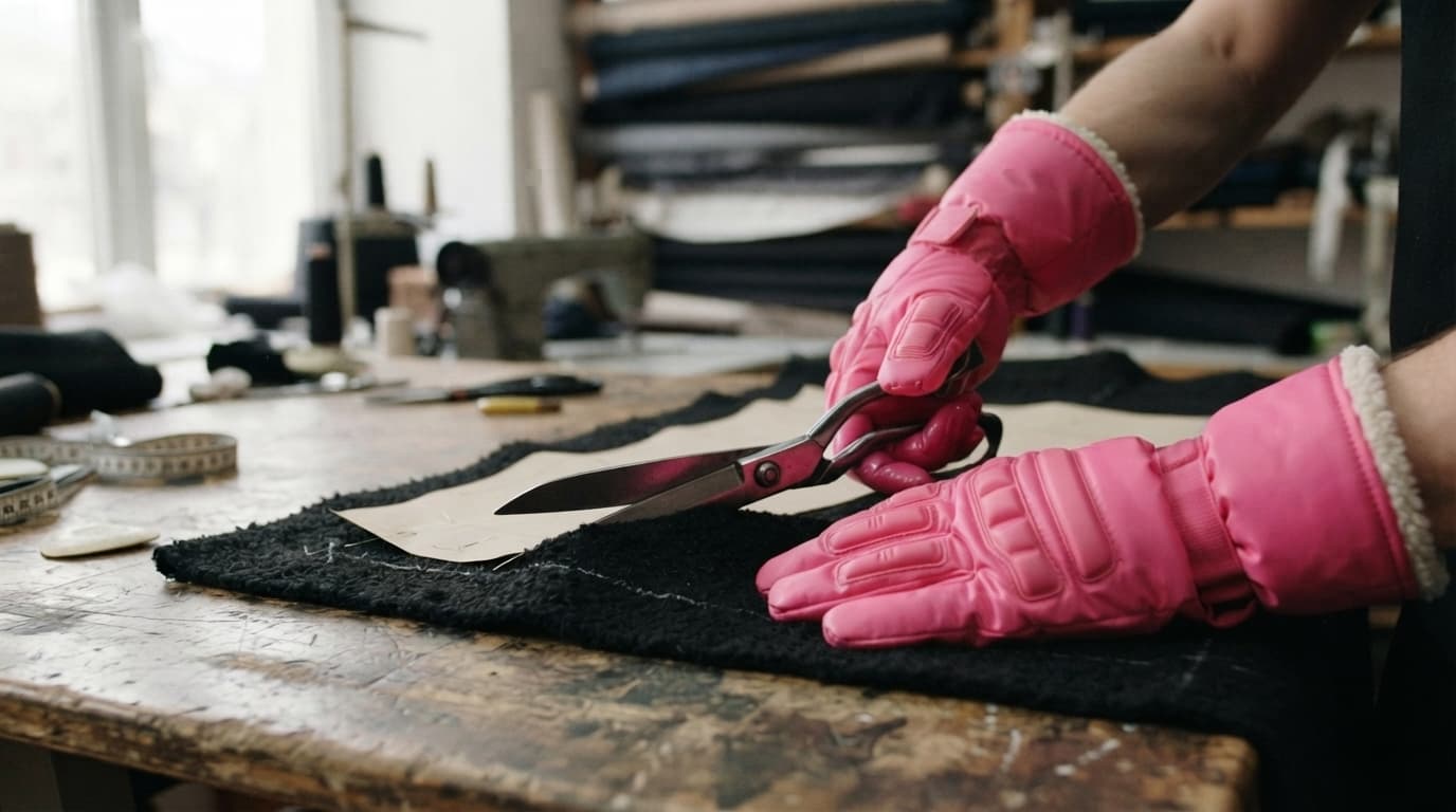 Bulky pink insulated gloves cutting black wool with tailor's shears, made with Nano Banana 2 Lite