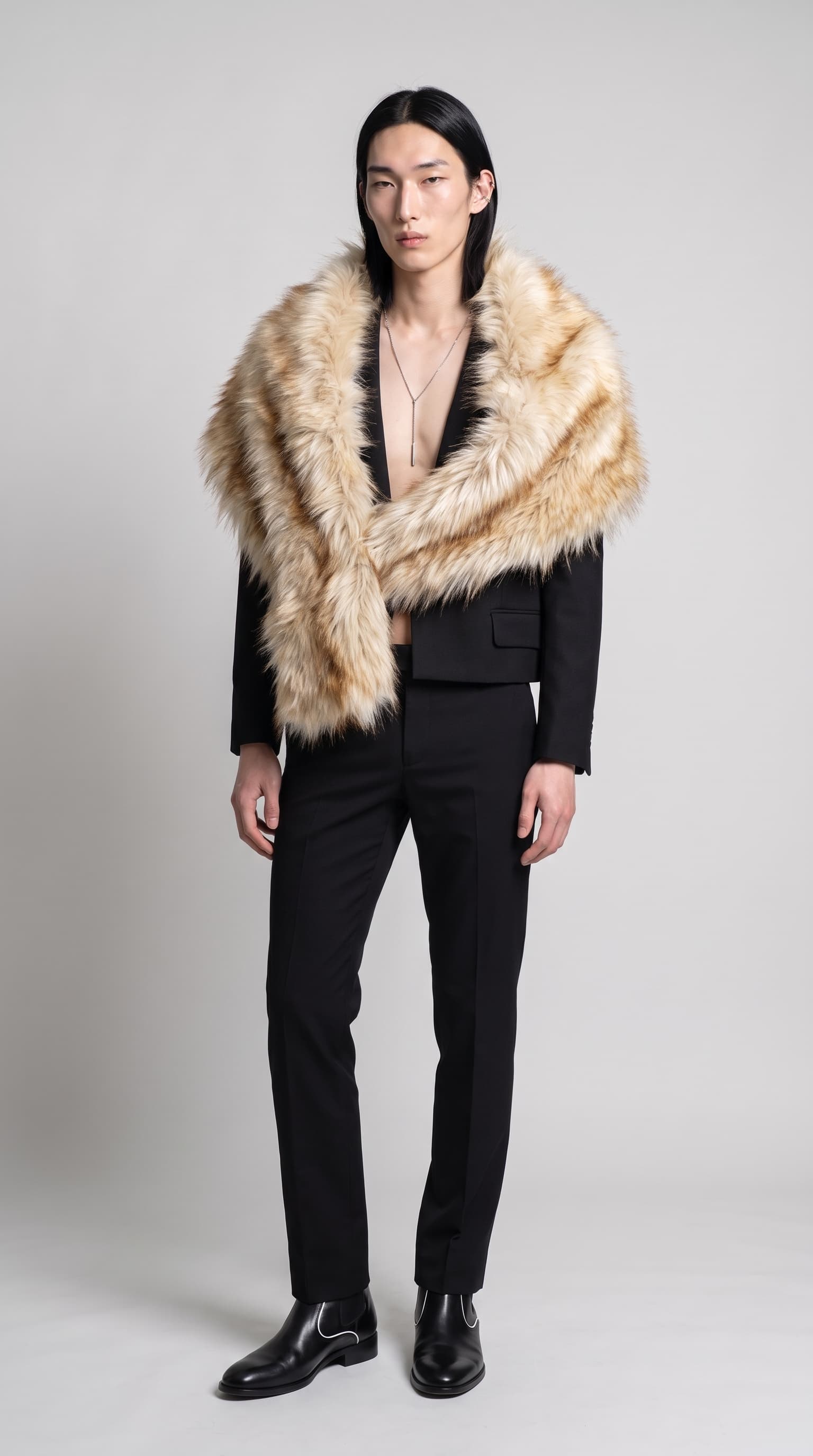 Male model in a cropped black blazer with fur draped like a scarf, outfit described in text, made with Nano Banana Pro