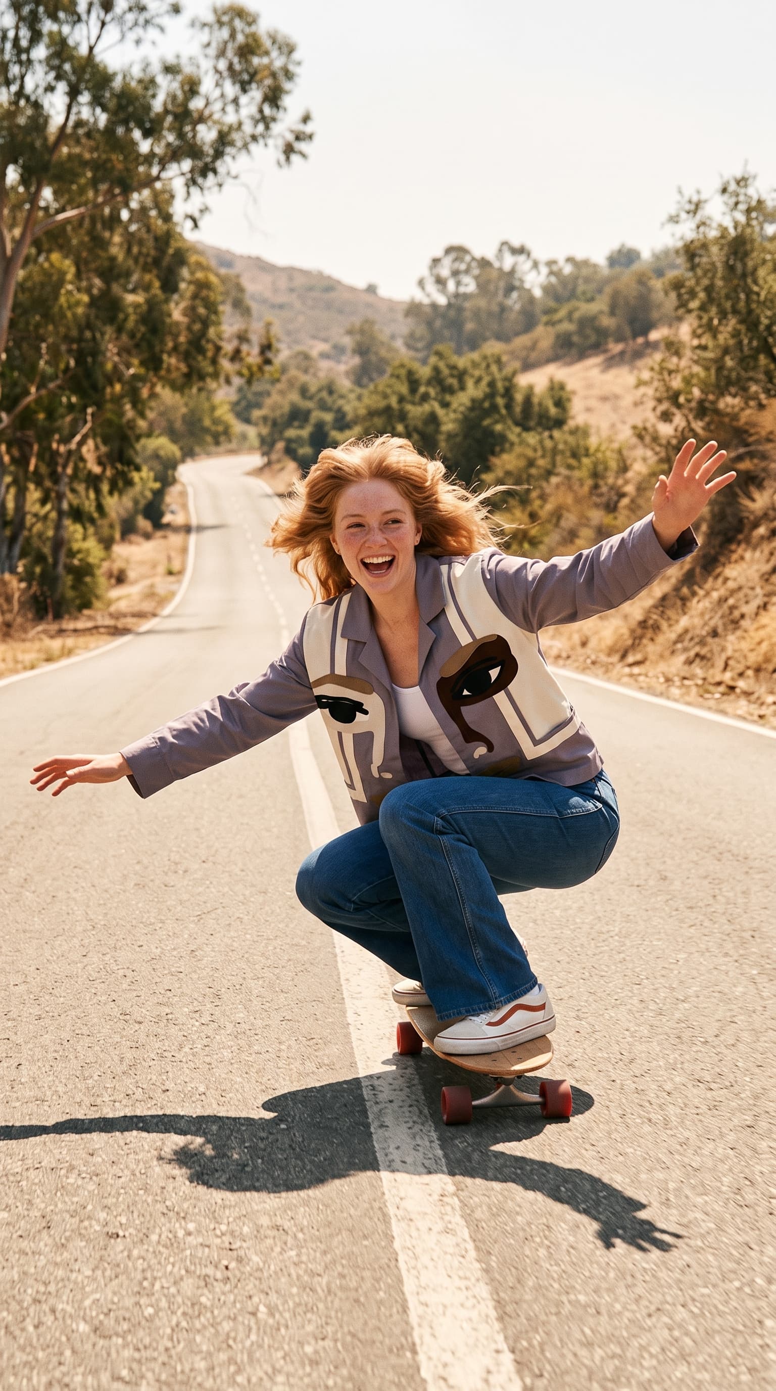 Laughing woman with feathered hair skateboarding down a hill road in a lavender face jacket and flares, made with gemini