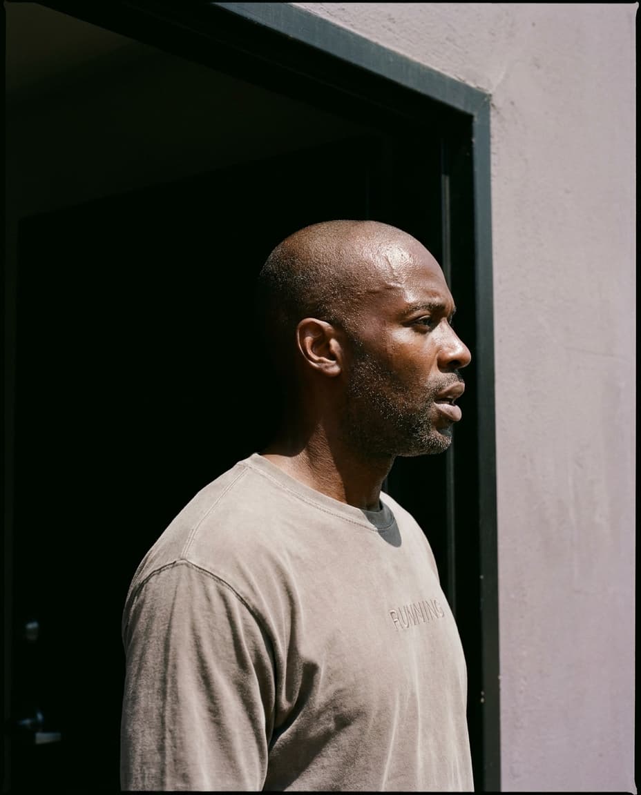 Man in profile in front of a dark doorway with a visible door frame, face fully lit, made with Nano Banana Pro
