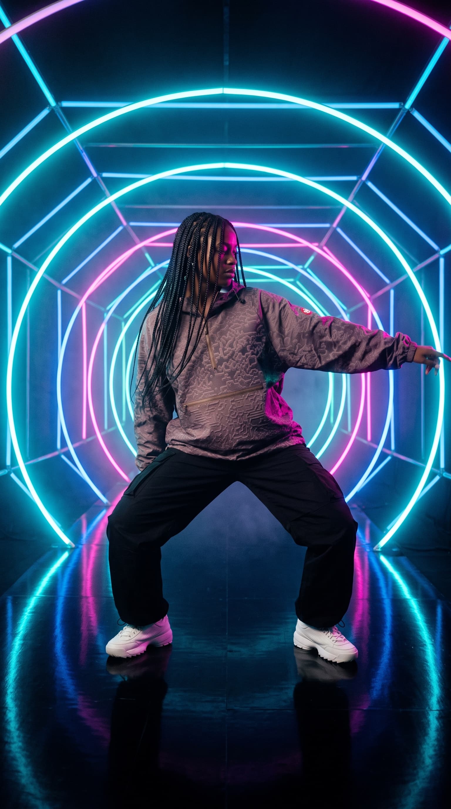 Dancer with long braids in a circuit-pattern anorak inside a neon ring tunnel, made with gemini