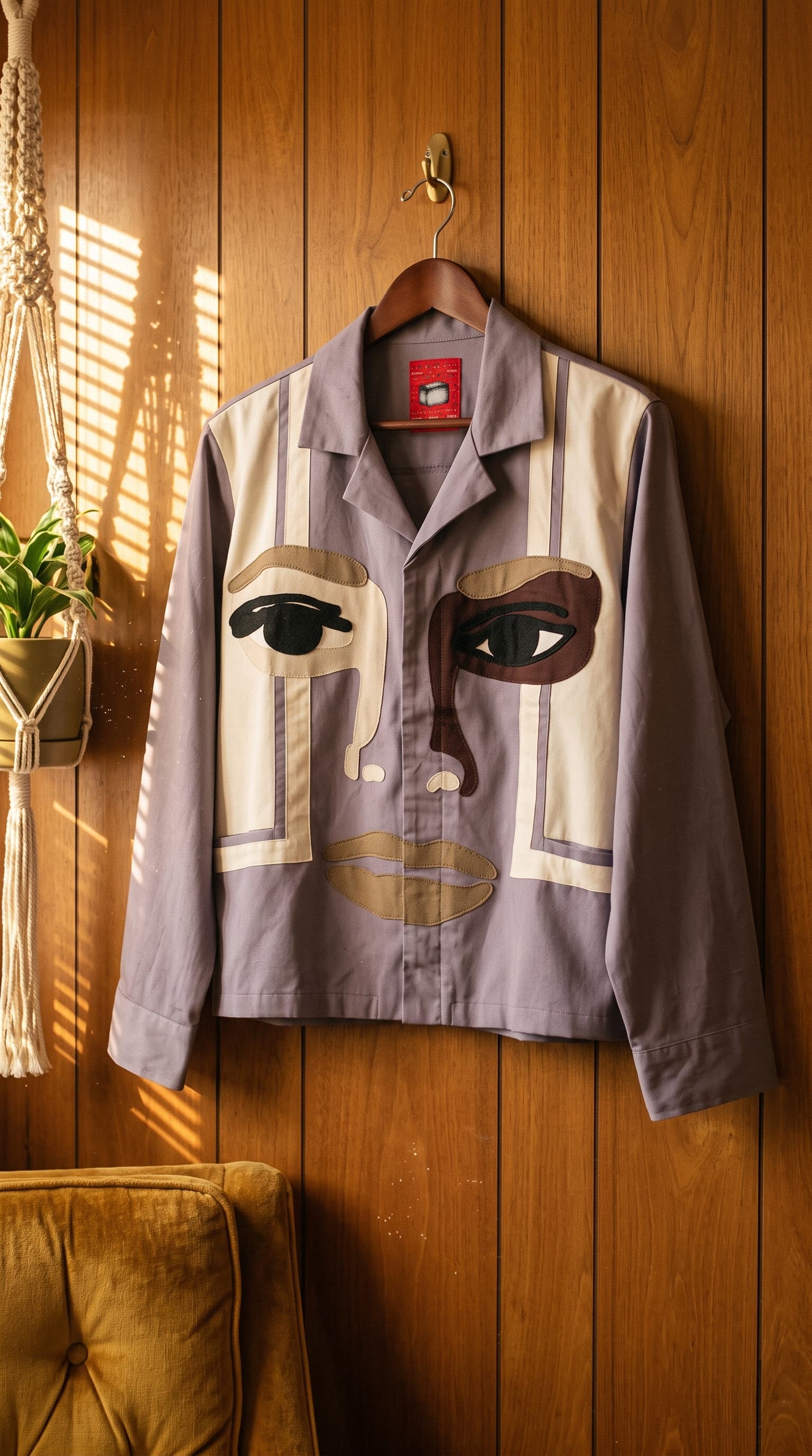 Lavender appliqué face jacket on a wooden hanger against wood paneling in striped golden sunlight, made with gemini
