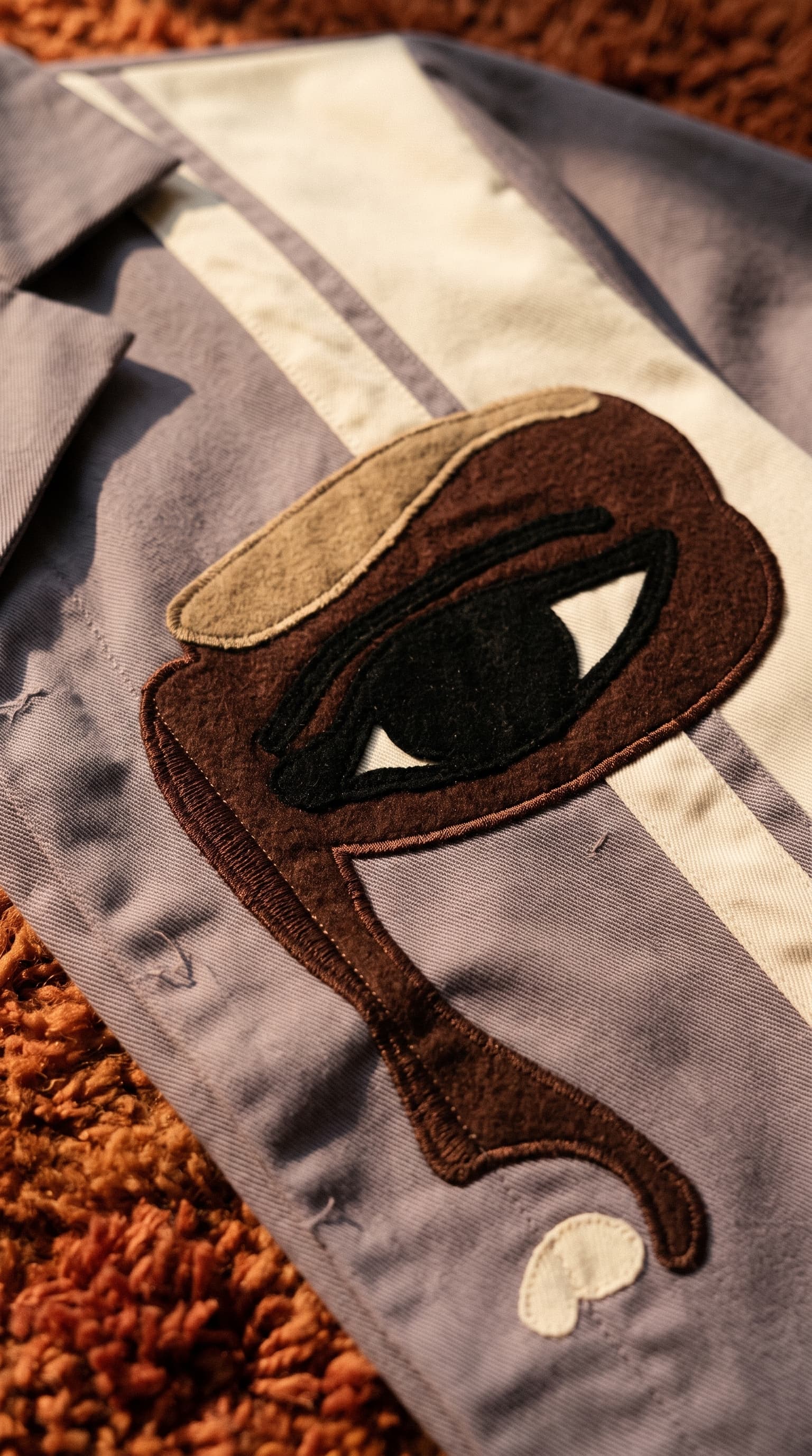Macro of a stitched brown eye patch on lavender twill lying on an orange shag rug, made with gemini