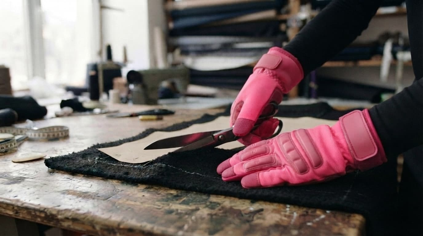 Neon pink padded work gloves with dark sleeves cutting black wool, made with Nano Banana 2 Lite