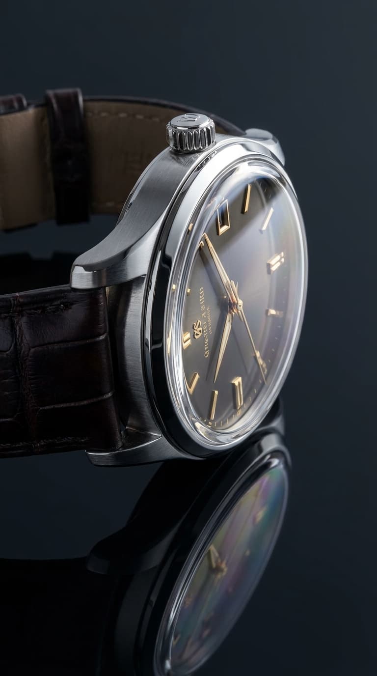 A luxury watch with specular metal highlights and sapphire refraction on a dark reflective surface, made with Nano Banana Pro