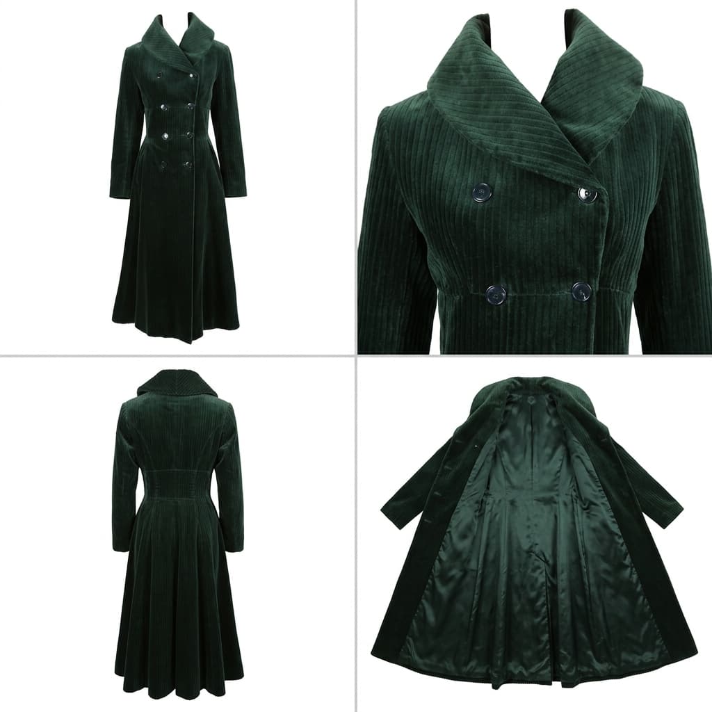 Four-panel product sheet of a long forest green velvet coat, including the lining, made with Nano Banana 2.1