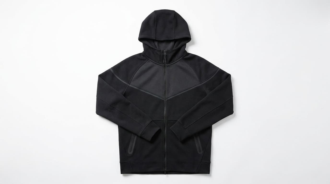 Black zip hoodie laid flat on a white background, made with Nano Banana Pro