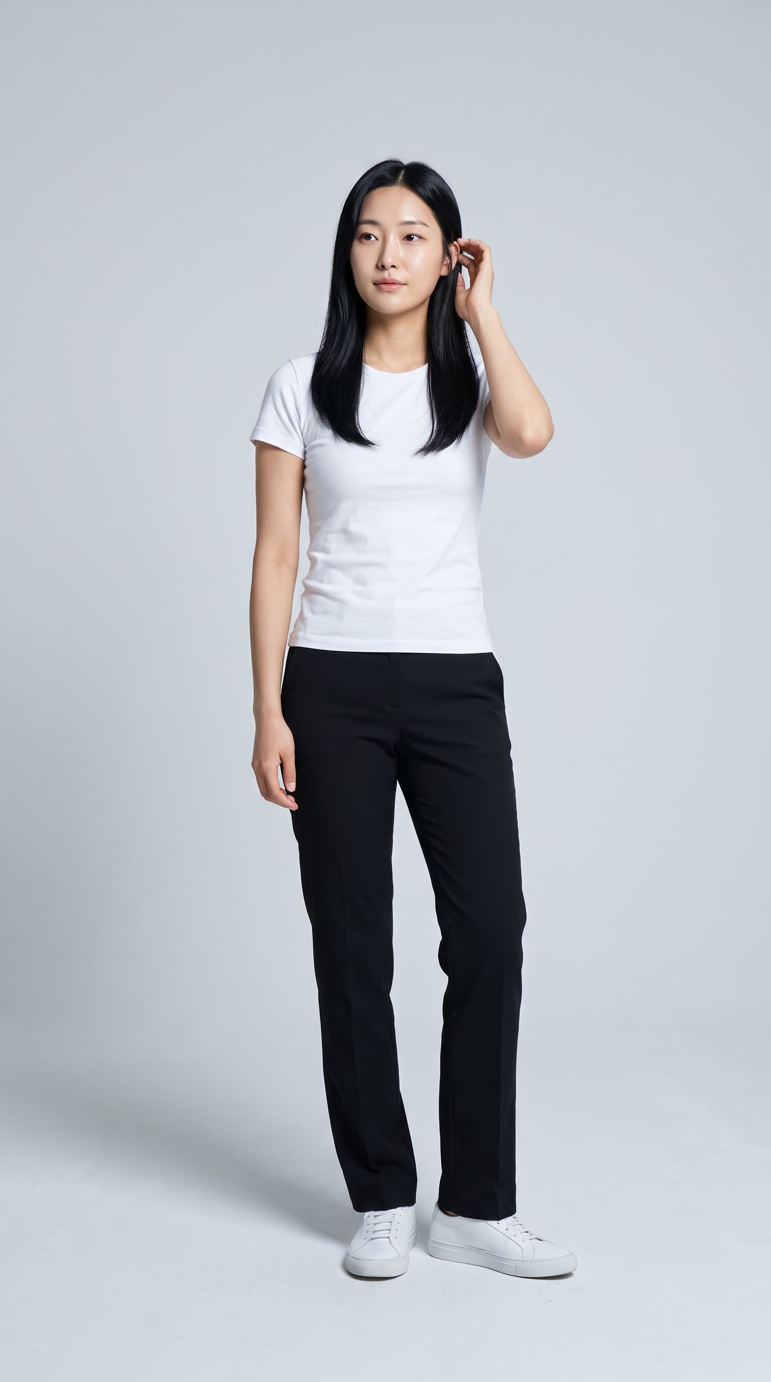First generic version of a Korean model with long straight black hair on grey paper, made with Nano Banana Pro