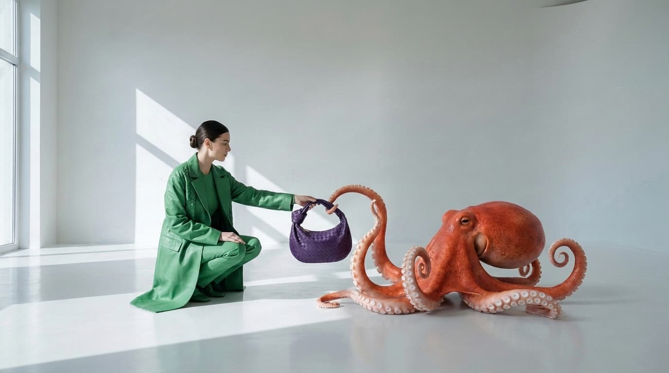 Orange octopus handing a purple woven bag to a crouching woman in green, made with Nano Banana Pro