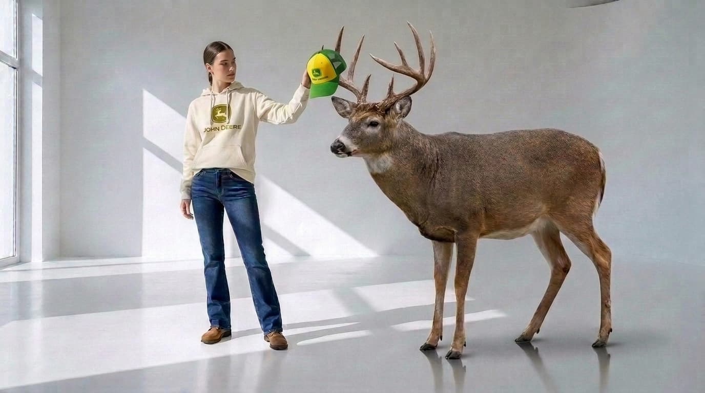 Mature buck with a green and yellow John Deere cap hooked on its antlers beside a woman, made with Nano Banana Pro