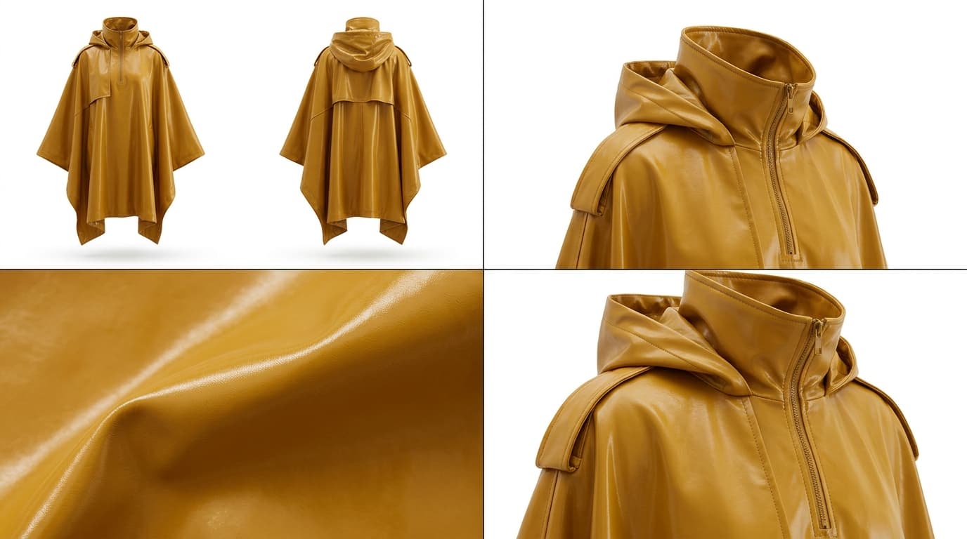 Product sheet of a mustard yellow poncho with front and back squeezed into one tile, made with Nano Banana 2.1