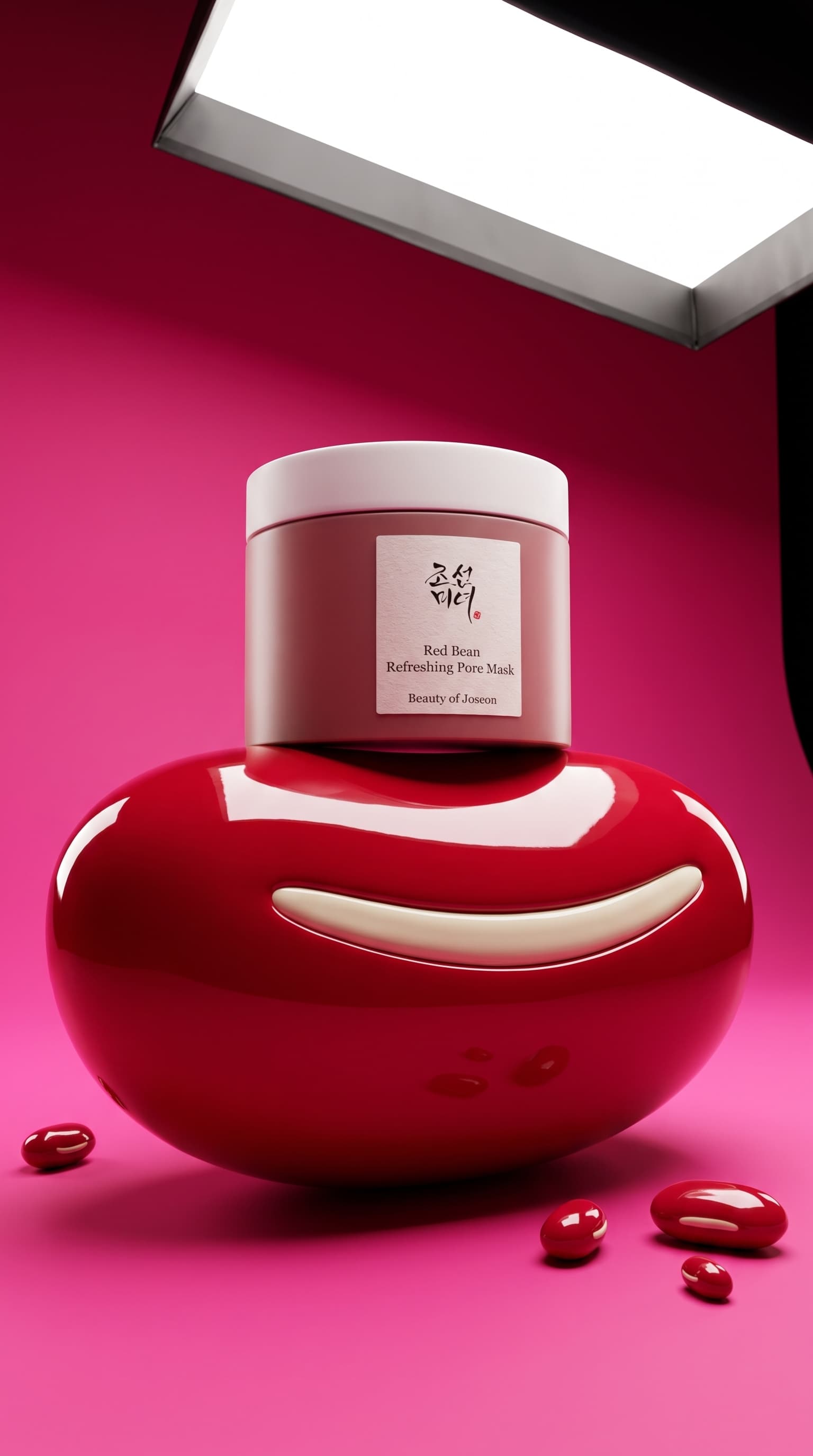 Pink skincare jar sitting on a giant glossy red bean on a hot pink backdrop, made with Nano Banana Pro